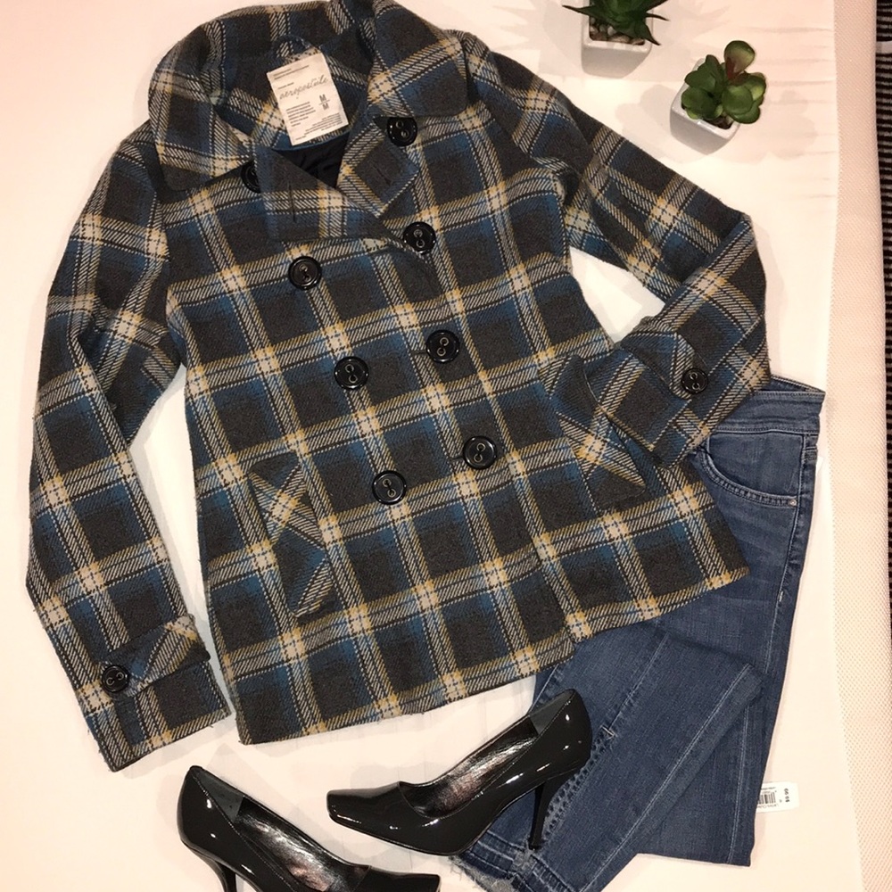 90’s Plaid Pea Coat Charcoal Cream Blue